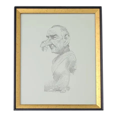 1960s "Lyndon B. Johnson" Caricature Drawing Print by David Levine, Framed For Sale