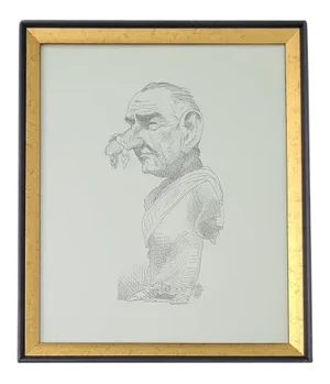 1960s "Lyndon B. Johnson" Caricature Drawing Print by David Levine, Framed