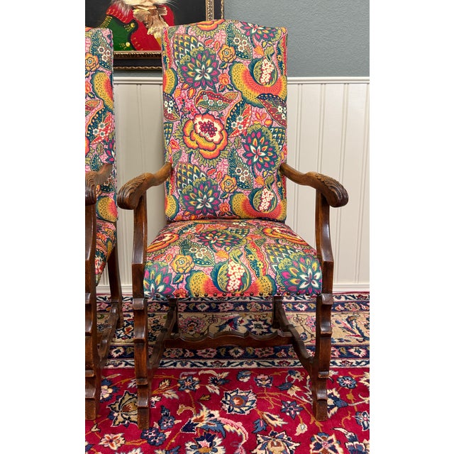 Wood Antique Pair of Catalan Style Carved Oak Recently Upholstered Armchairs C. 1920s For Sale - Image 7 of 18
