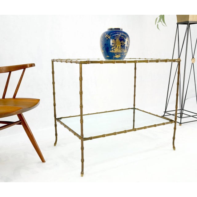Solid Bronze Two Tier Faux Bamboo Glass Top Rectangle Side End Table Nice Patina For Sale - Image 4 of 12