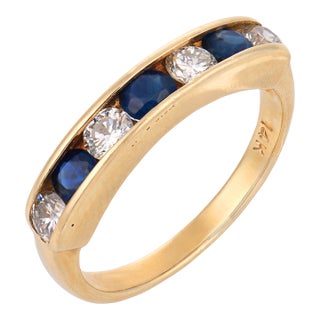 Vintage Sapphire Diamond 14k Yellow Gold Band Ring, Size 5 For Sale