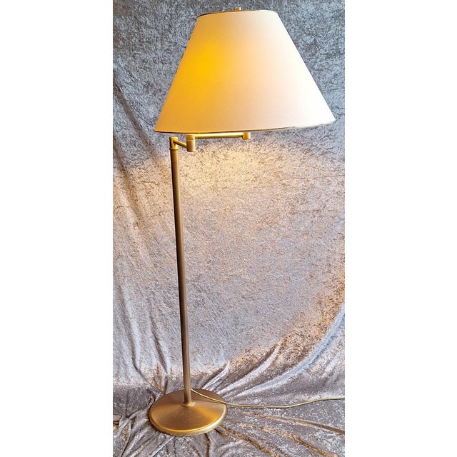 Metal Vintage Brass Floor Lamp with Cream Fabric Shade and Swivel Arm, 1980s For Sale - Image 7 of 10