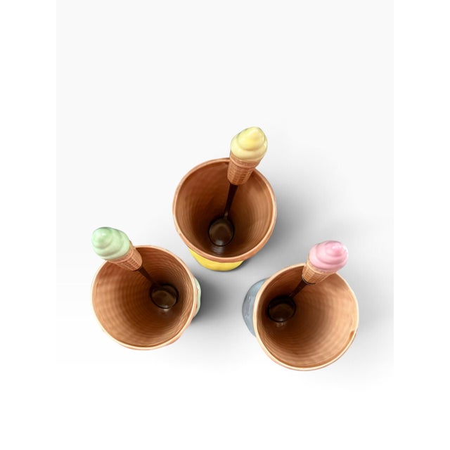 Vintage Ceramic Ice Cream Cone Dessert Cups & Spoons, Pastel Set of 3 For Sale - Image 4 of 6