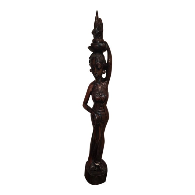 1950s Signed Ida Bagus Made Gatra (Ubud/Sanur) Elongated Macassar Ebony Devata Sculpture - 20.5” For Sale