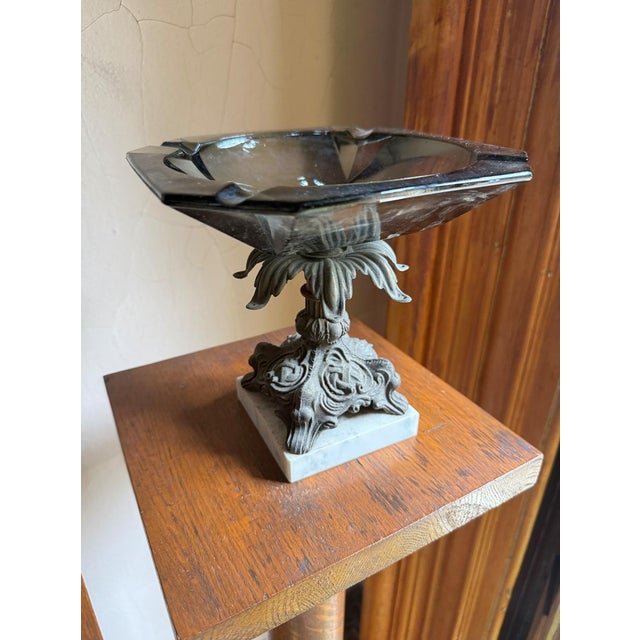 Gray 1950s Hollywood Regency Pedestal Centerpiece Bowl, Smoky Glass Ashtray on Marble Base For Sale - Image 8 of 9