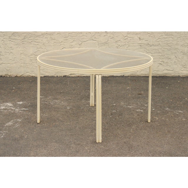 Ivory Mid Century Modern Round Aluminum Glass Top Patio Dining Table For Sale - Image 8 of 12