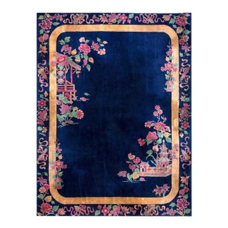 Pretty Navy Background Color With Flowers Border in a Chinoiserie Pattern Antique Chinese Art Deco Rug For Sale