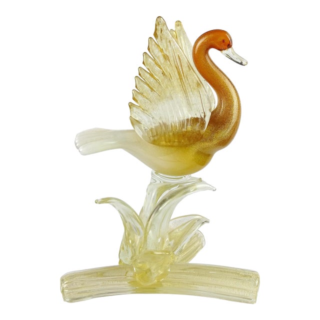 Salviati Murano Vintage Orange White Gold Flecks Italian Art Glass Flying Bird Duck Sculpture For Sale