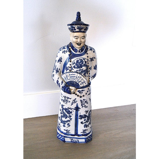 Chinoiserie 1940s Blue White Statuette of Chinese Figure With Dragon Traditional Robe and Character Reign For Sale - Image 3 of 13