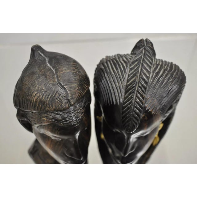 Vintage African Carved Ebony Wood Male and Female Bust Statue Sculptures- Set of 2 For Sale In Philadelphia - Image 6 of 10