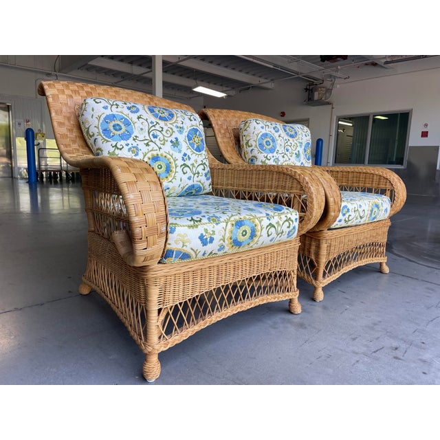 Vintage Henry Link for Lexington Woven Rattan and Wicker Lounge Armchairs With Floral Upholstery | Pair For Sale - Image 9 of 14