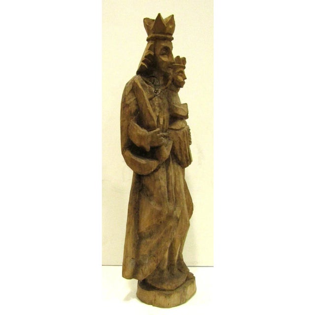 Antique 18th Century Tall Carved Wood Madonna and Child Statue Measures 5 3/4" wide, 3 3/4" deep and 18 1/4" tall.