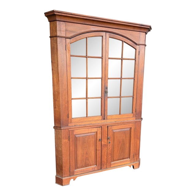 Antique Early American Cherry Wood Glass Door Corner Cabinet For Sale