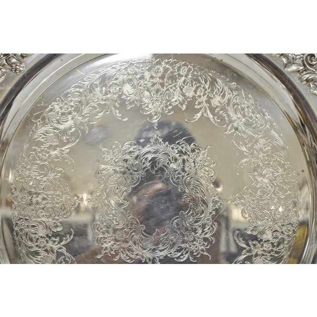 Vintage Wilcox Victorian Silver Plated Round Ornate Footed Salver Serving Tray For Sale - Image 9 of 13