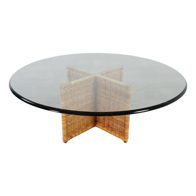 Italian Organic Modern Rattan Wicker Glass Top Cocktail Table For Sale