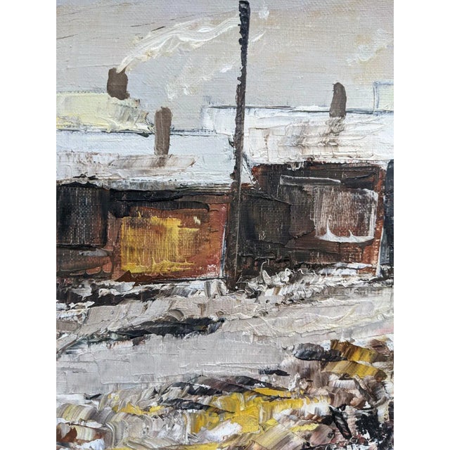 Mid-Century Modern Mid-Century Modern Swedish "Chimneys" Vintage Winter Street Scene Oil Painting, Framed For Sale - Image 3 of 8