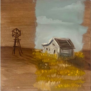 Homestead by Alexandra Hansen | Oil on panel Painting of a house and windmill in a field For Sale