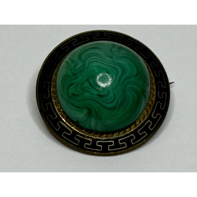 Victorian Malachite & Greek Key Enamel Brooch, c.1865 – Neoclassical Revival A beautifully preserved mid-19th-century...