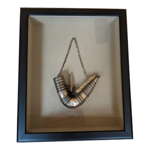 Vintage Early 20th Century Metal Powder Horn From Yemen in Shadow Box Frame