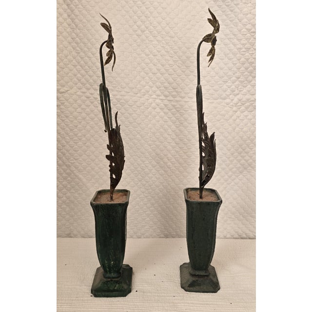 Traditional Pair of Antique Verdigris Cast Iron Flower Topiary Sculptures For Sale - Image 3 of 4