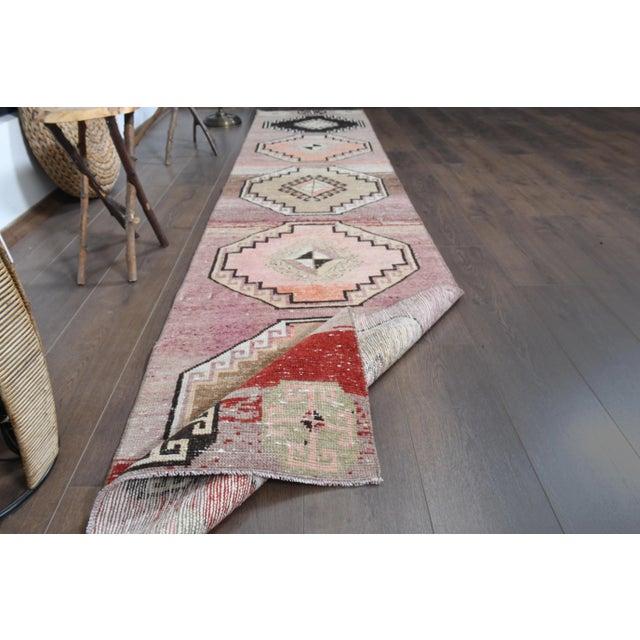 Traditional Colorful Pink Brown Red Runner Rug Vintage Turkish Oushak Wool Handmade Runner For Sale - Image 3 of 11