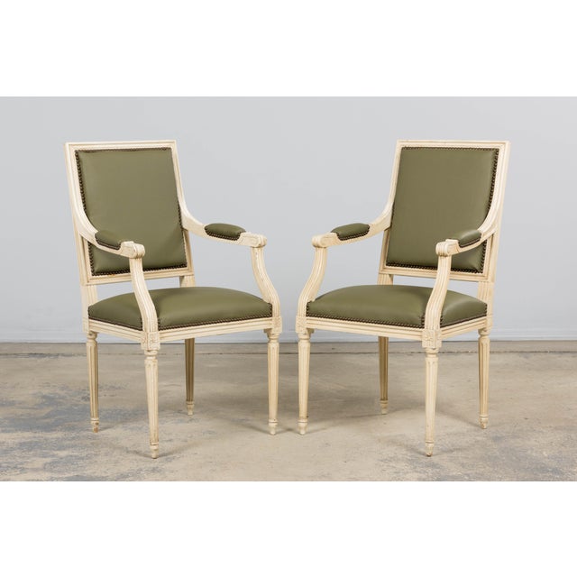 Antique French Louis XVI Style Painted Dining Chairs in Olive Green Leather - Set of 8 For Sale - Image 12 of 18