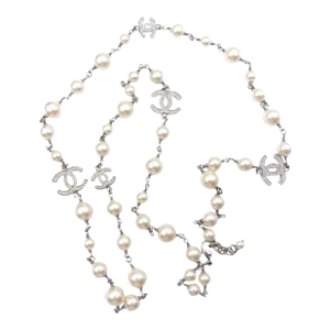 Chanel 5 Silver CC Crystal Faux Pearl Long Necklace