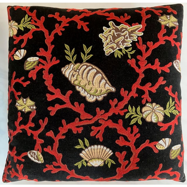 Chinoiserie Large Pair of Scalamandre Pillows Black, Red, Gold Sea-Themed Embroidery For Sale - Image 3 of 5