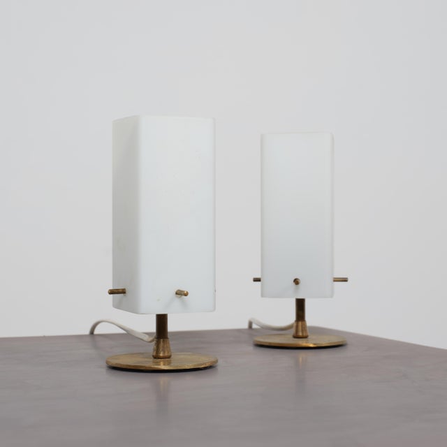Mid-Century Modern 1950s Italian Opaline Glass and Brass Bedside Table Lamps, Set of 2 For Sale - Image 3 of 9