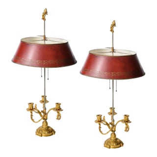 Pair Dore Bronze Bouillotte Lamps, Red Tole Shades, French (1852-1870) For Sale