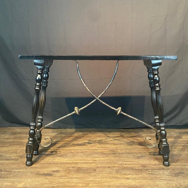 Ebony Spanish Console Table or Sofa Table With Carved Top and Iron Stretchers For Sale - Image 4 of 12