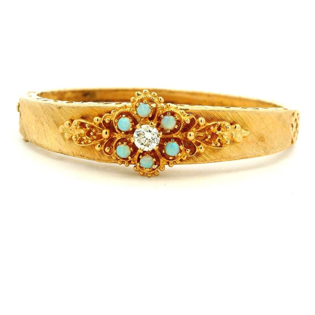 Vintage 14k Gold Diamond and Opal Hinged Bangle Bracelet For Sale - Image 11 of 12