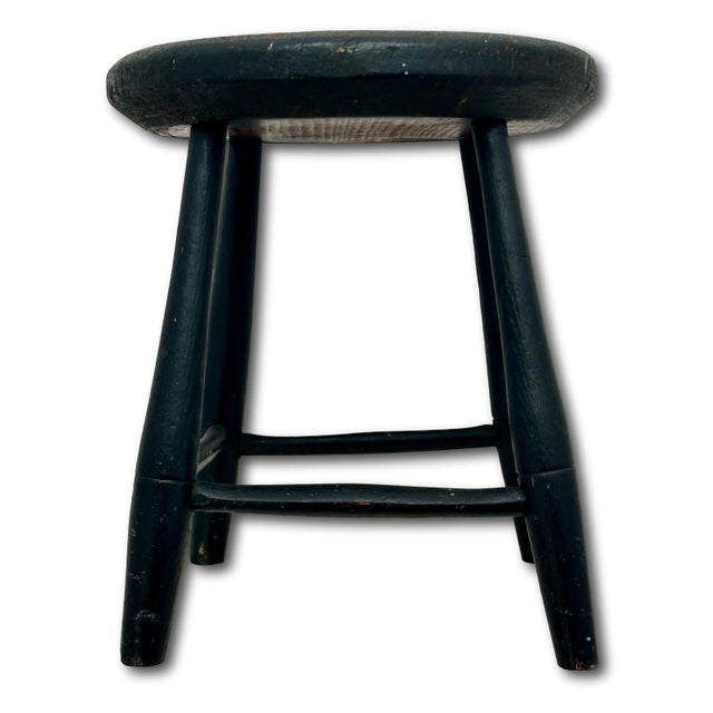 Late 19th Century Very Nice Hand Made Antique American Primitive Pine Wood Footstool With Excellent Original Old Black Paint For Sale - Image 5 of 18