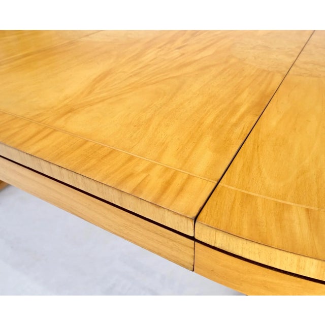 Mid 20th Century Baker Satin Wood Blond Single Pedestal Banded Round Dining Table Two Leaves For Sale - Image 5 of 13