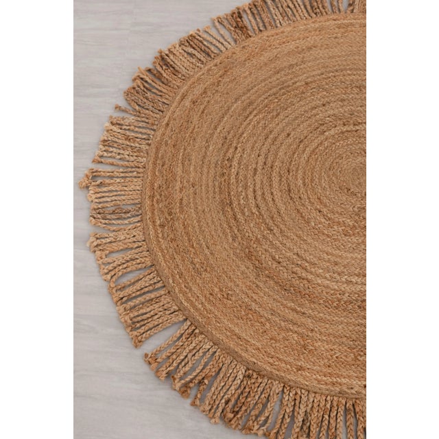 Not Yet Made - Made To Order Natural Jute Rug With Fringes Round Hand Made Braided Boho Style Rug 5 Foot For Sale - Image 5 of 8