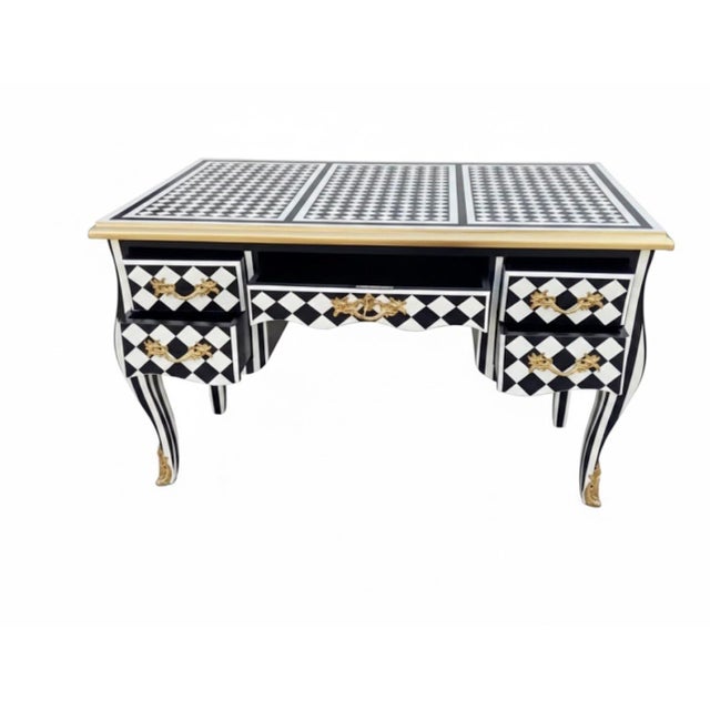 Beautiful Black and White courtly Checkered Desk with gold leaf edge made of real solid wood and bronze ormolu Width 50.36...