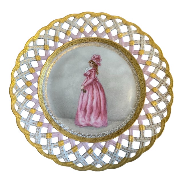 Antique French Victorian Hand Painted Gilt Decorated Portrait Plate Lady Red For Sale