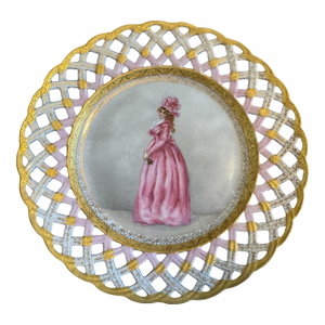 Antique French Victorian Hand Painted Gilt Decorated Portrait Plate Lady Red