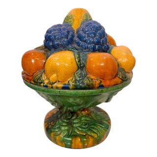 Vintage Majolica Style Fruit Stacked Lidded Bowl / Catchall For Sale