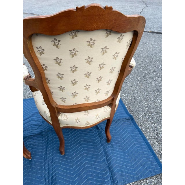 Wood Pair of Carved Walnut French Louis XV Style Fauteuil Armchairs 1940s For Sale - Image 7 of 12