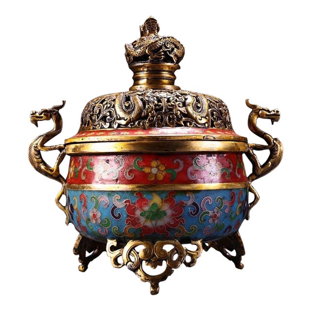 Vintage Cloisonne Enamel Incense Burner – 8.7" Gilt Tripod Censer With Dragon Lid For Sale