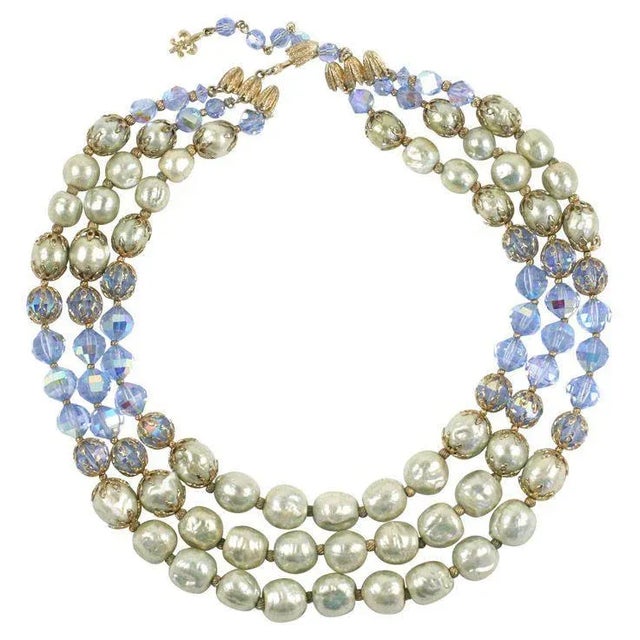 Glass 1950s Vendome Baroque "Pearl" and Blue Crystal Necklace For Sale - Image 7 of 7