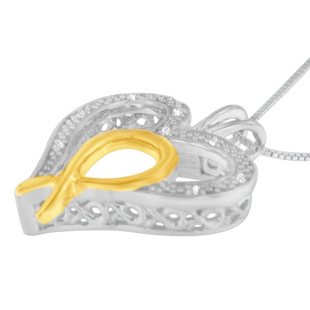 Contemporary .925 Sterling Silver Two Toned 1/25 cttw Diamond Heart-Ribbon Pendant Necklace For Sale - Image 3 of 4