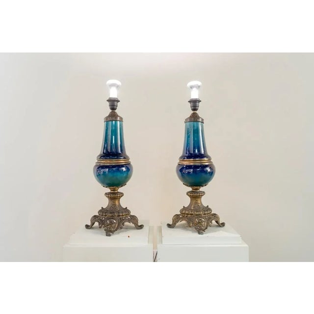 Vintage Lamps in Calamine and Blue Porcelain, Set of 2 For Sale - Image 3 of 9
