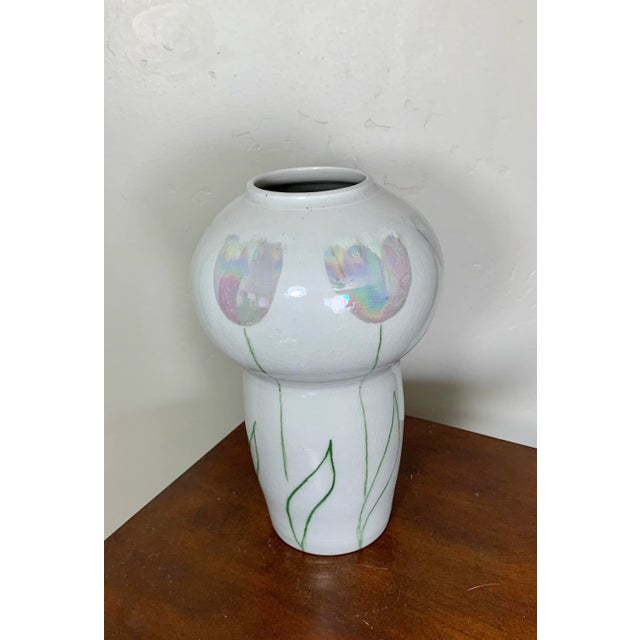 Beautiful studio ceramic vase with all around hand painted tulip decoration Artist Signed on the bottom Excellent...