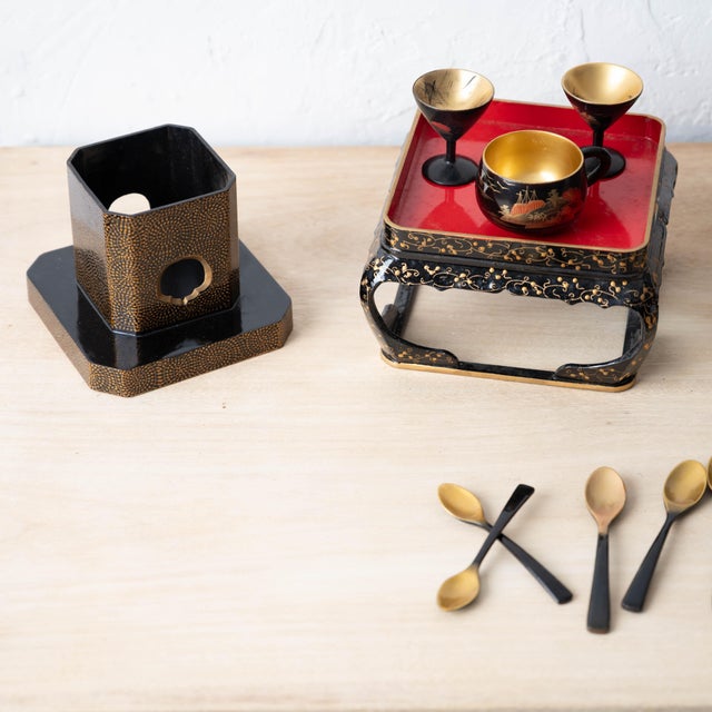 Red Miniature Japanese Maki-E Lacquer Sake Sets, c.1960 For Sale - Image 8 of 14