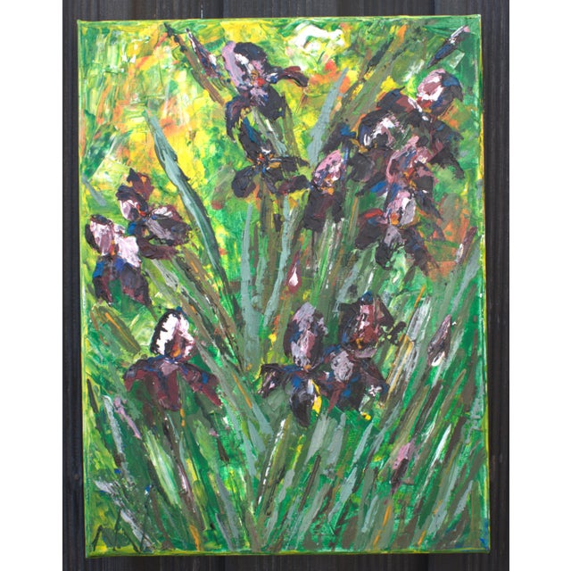 The Dance of the Irises An expressive composition of irises, painted with thick, impasto brushstrokes using a palette...