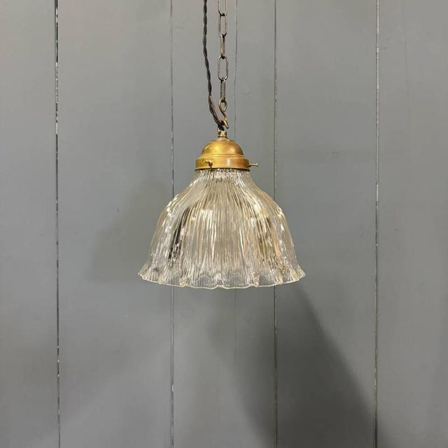 Asteroid Pressed Glass Holophane Pendant Lamp with Brass Fixture, 1920s For Sale - Image 10 of 18