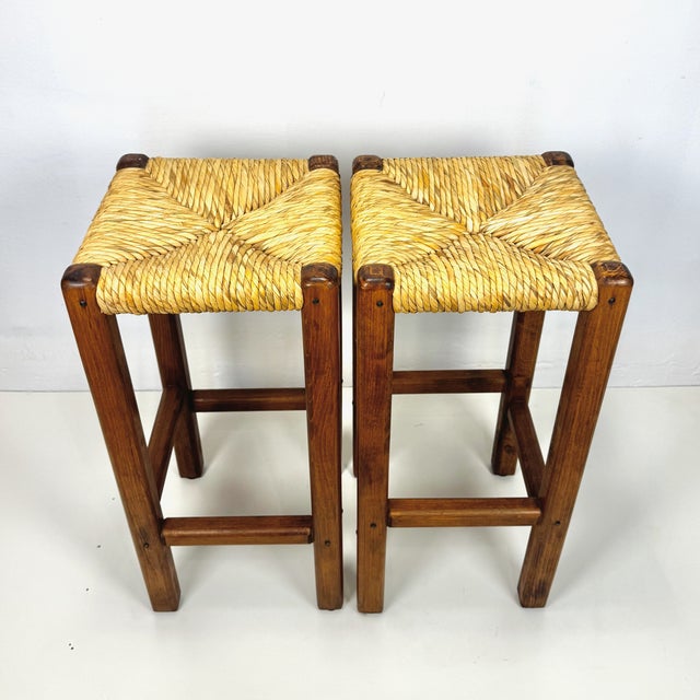 Rustic Wood and Straw Bar Stools, Italy, 1980s, Set of 2 For Sale - Image 3 of 8