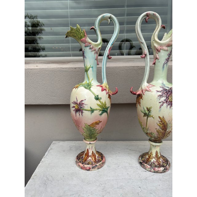 Pink Large 19th Century Pair of Ewers Thistles Vases Delphin Massier For Sale - Image 8 of 9